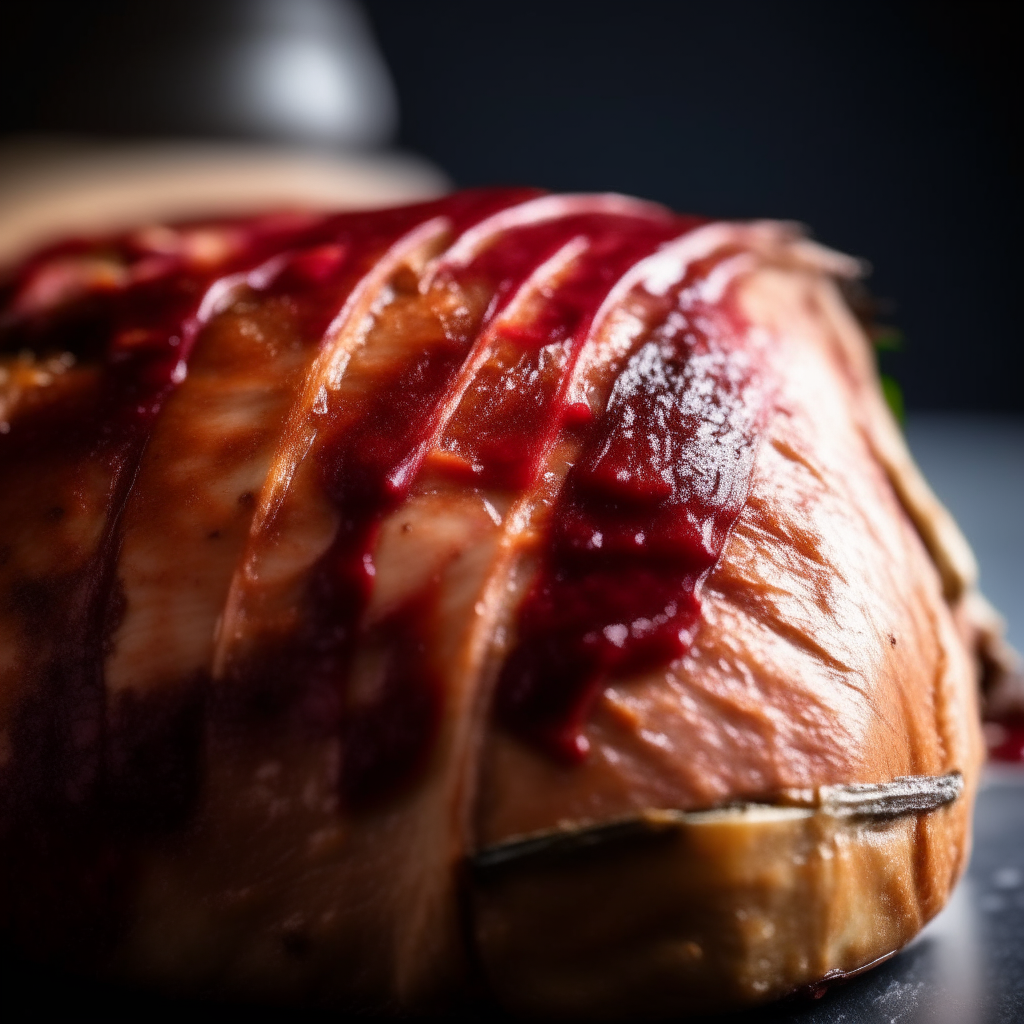 Photo of cranberry glazed turkey breast in a crock pot, extremely sharp focus, bright studio lighting from the left, filling the frame