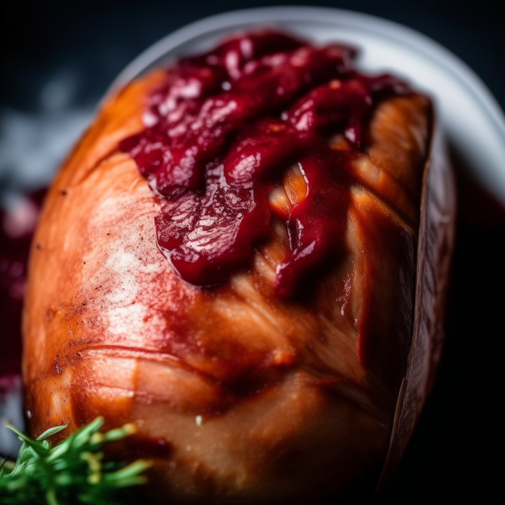 Photo of cranberry glazed turkey breast in a crock pot, extremely sharp focus, bright studio lighting from above, filling the frame