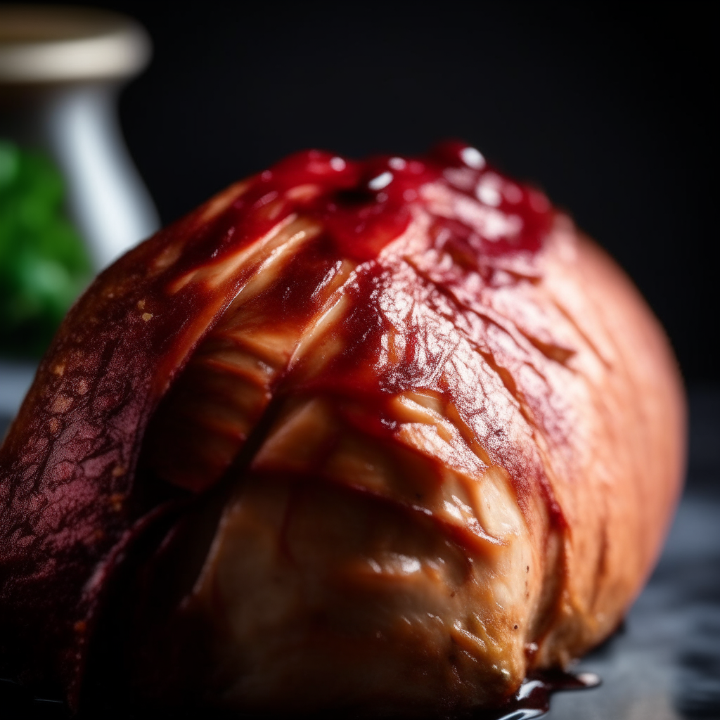 Photo of cranberry glazed turkey breast in a crock pot, extremely sharp focus, bright studio lighting from the right, filling the frame