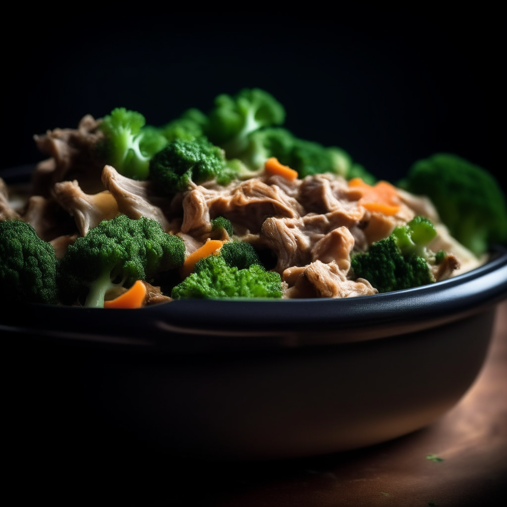 Photo of pork and broccoli casserole in a crock pot, extremely sharp focus, bright studio lighting from the left, filling the frame