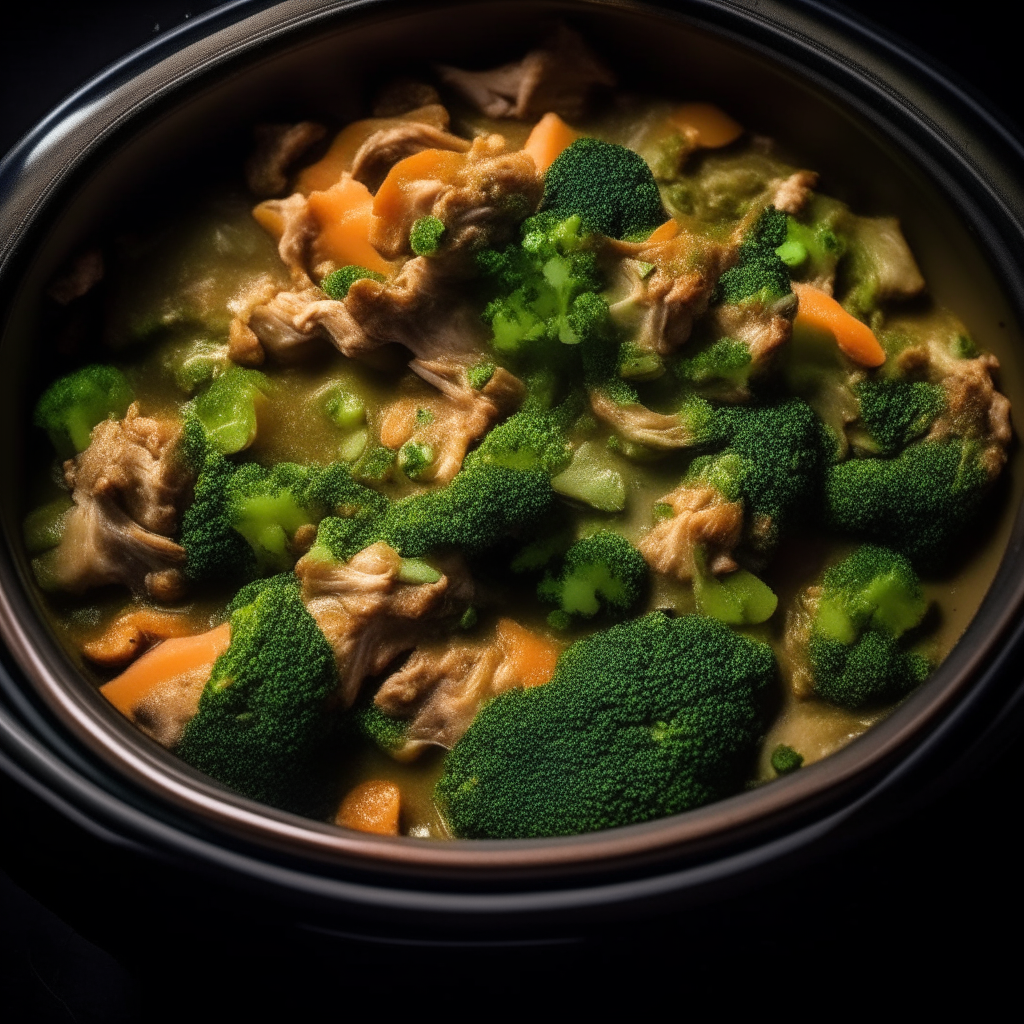 Photo of pork and broccoli casserole in a crock pot, extremely sharp focus, bright studio lighting from above, filling the frame