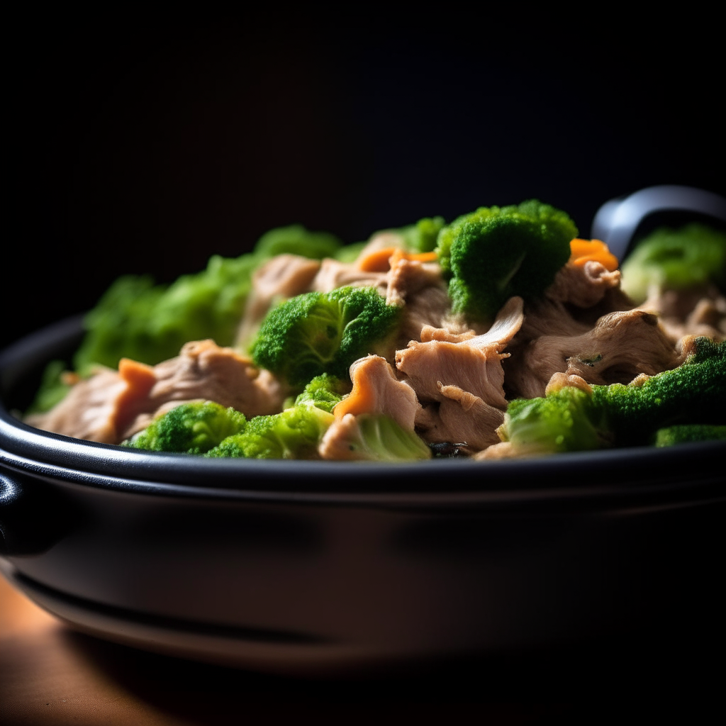 Photo of pork and broccoli casserole in a crock pot, extremely sharp focus, bright studio lighting from the right, filling the frame