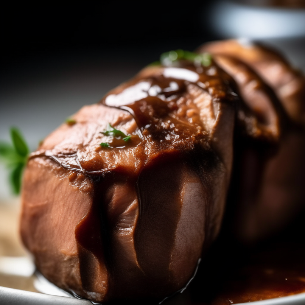 Photo of balsamic glazed pork tenderloin in a crock pot, extremely sharp focus, bright studio lighting from the left, filling the frame