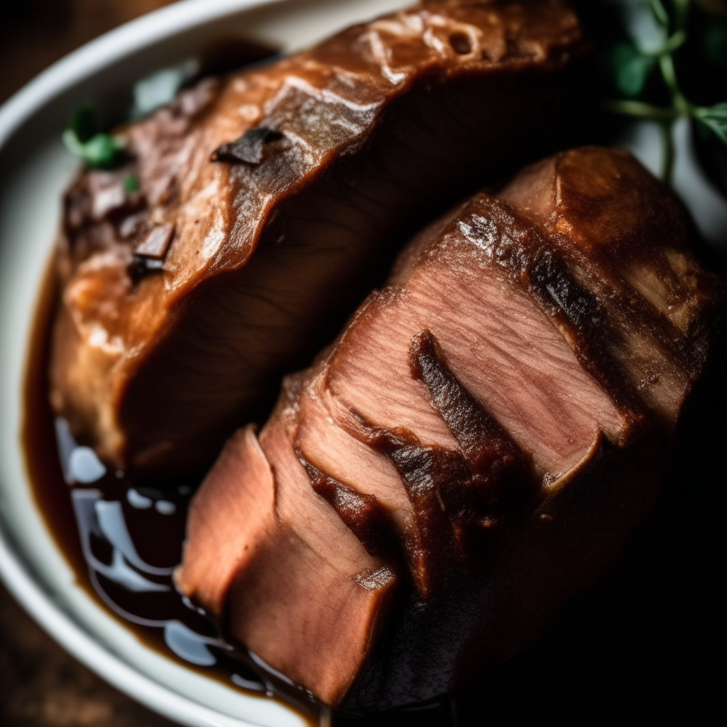 Photo of balsamic glazed pork tenderloin in a crock pot, extremely sharp focus, bright studio lighting from above, filling the frame