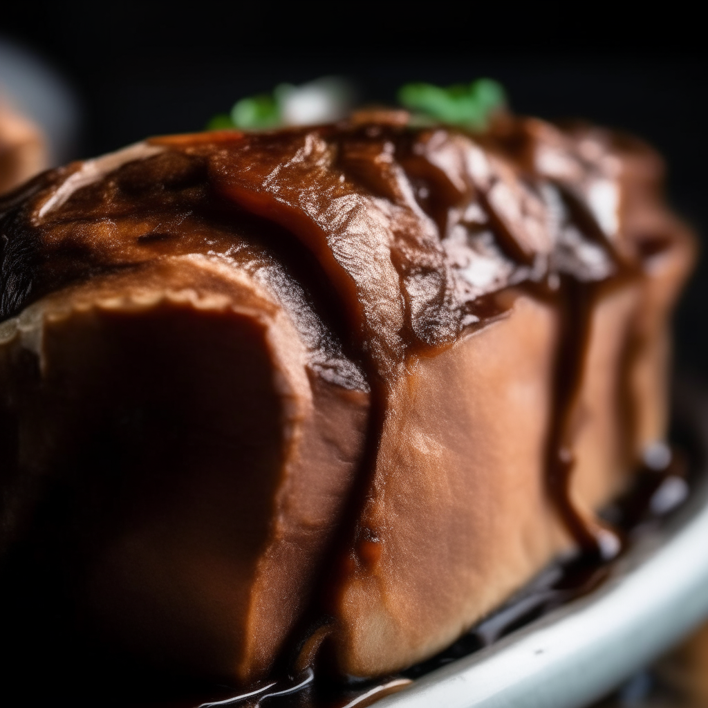 Photo of balsamic glazed pork tenderloin in a crock pot, extremely sharp focus, bright studio lighting from the right, filling the frame