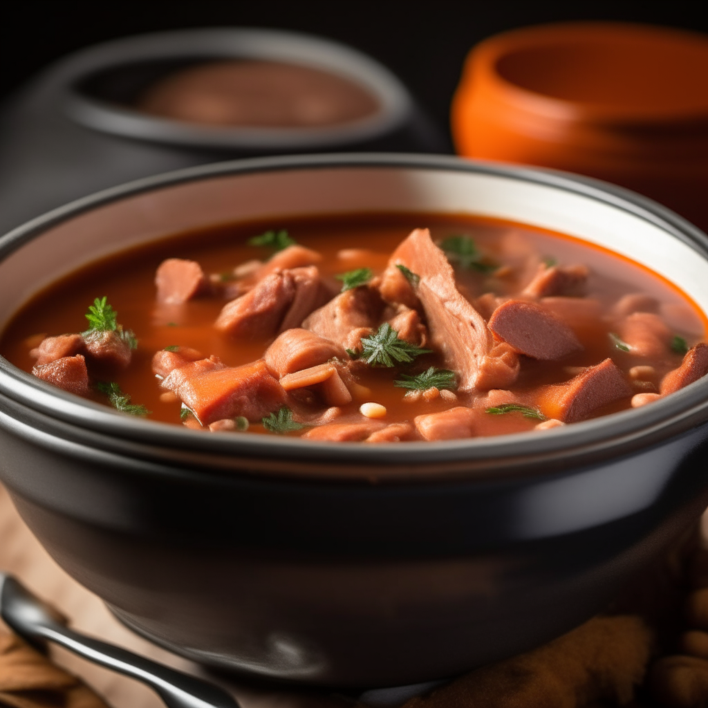 Photo of Tuscan pork and bean soup in a crock pot, extremely sharp focus, bright studio lighting from the left, filling the frame