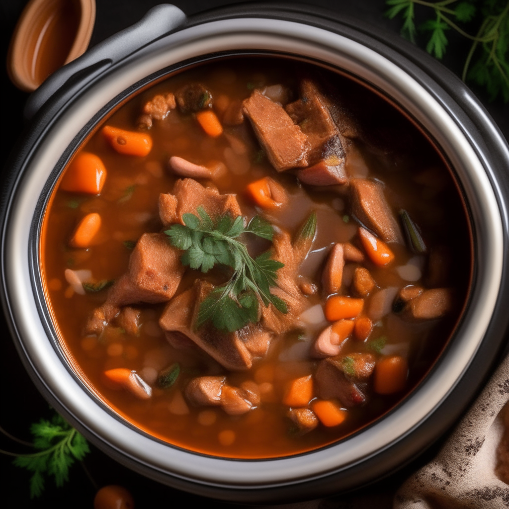 Photo of Tuscan pork and bean soup in a crock pot, extremely sharp focus, bright studio lighting from above, filling the frame