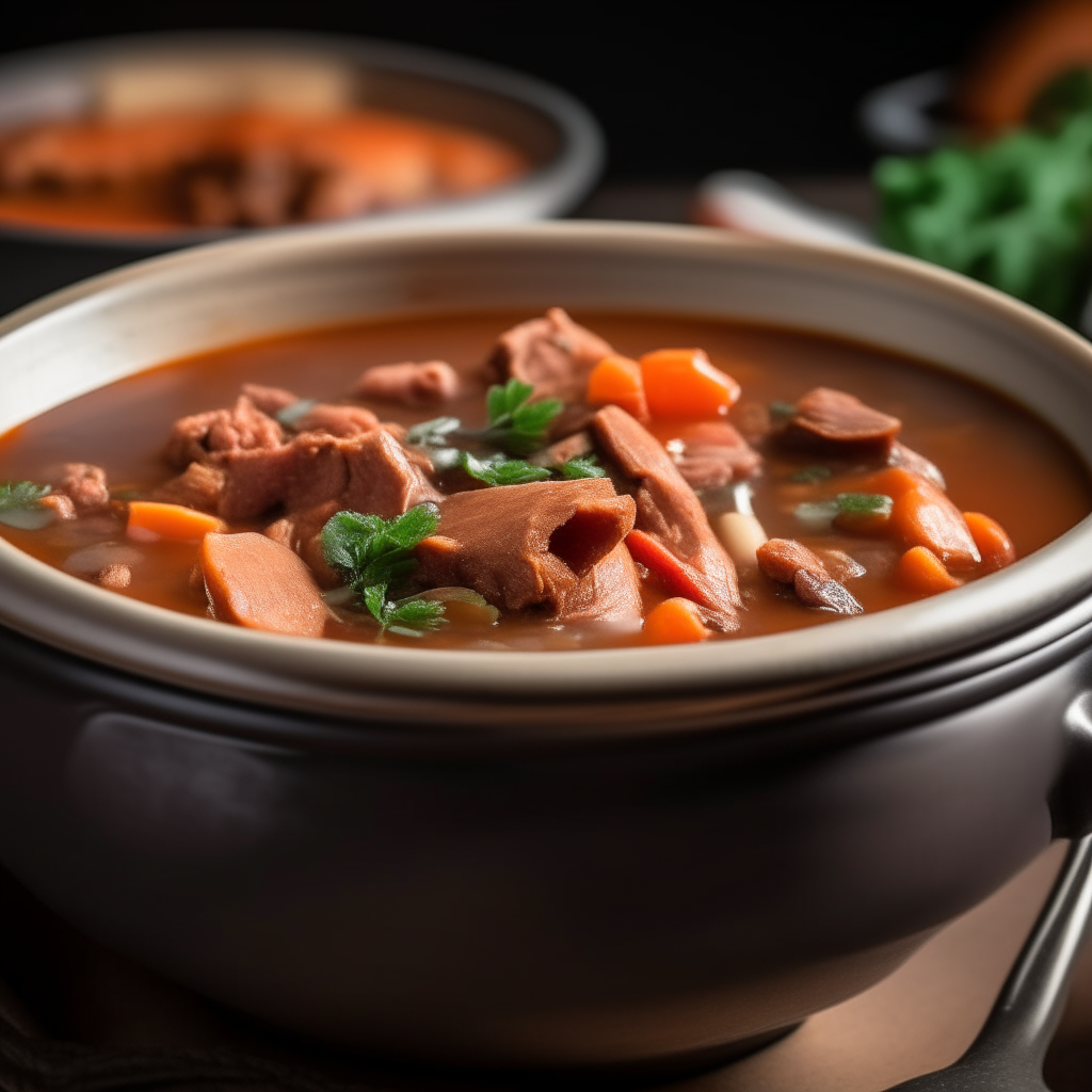 Photo of Tuscan pork and bean soup in a crock pot, extremely sharp focus, bright studio lighting from the right, filling the frame