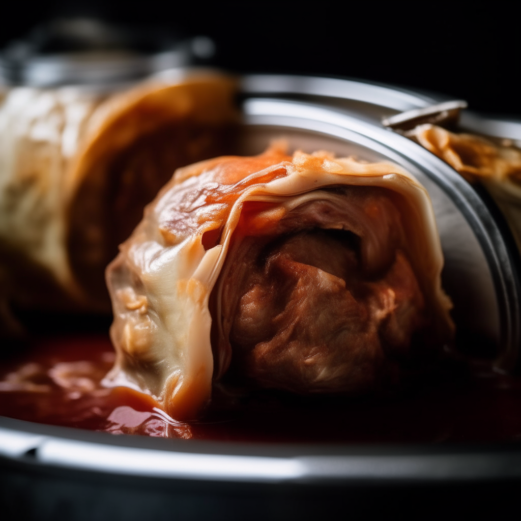 Photo of pork and cabbage roll-ups in a crock pot, extremely sharp focus, bright studio lighting from the left, filling the frame