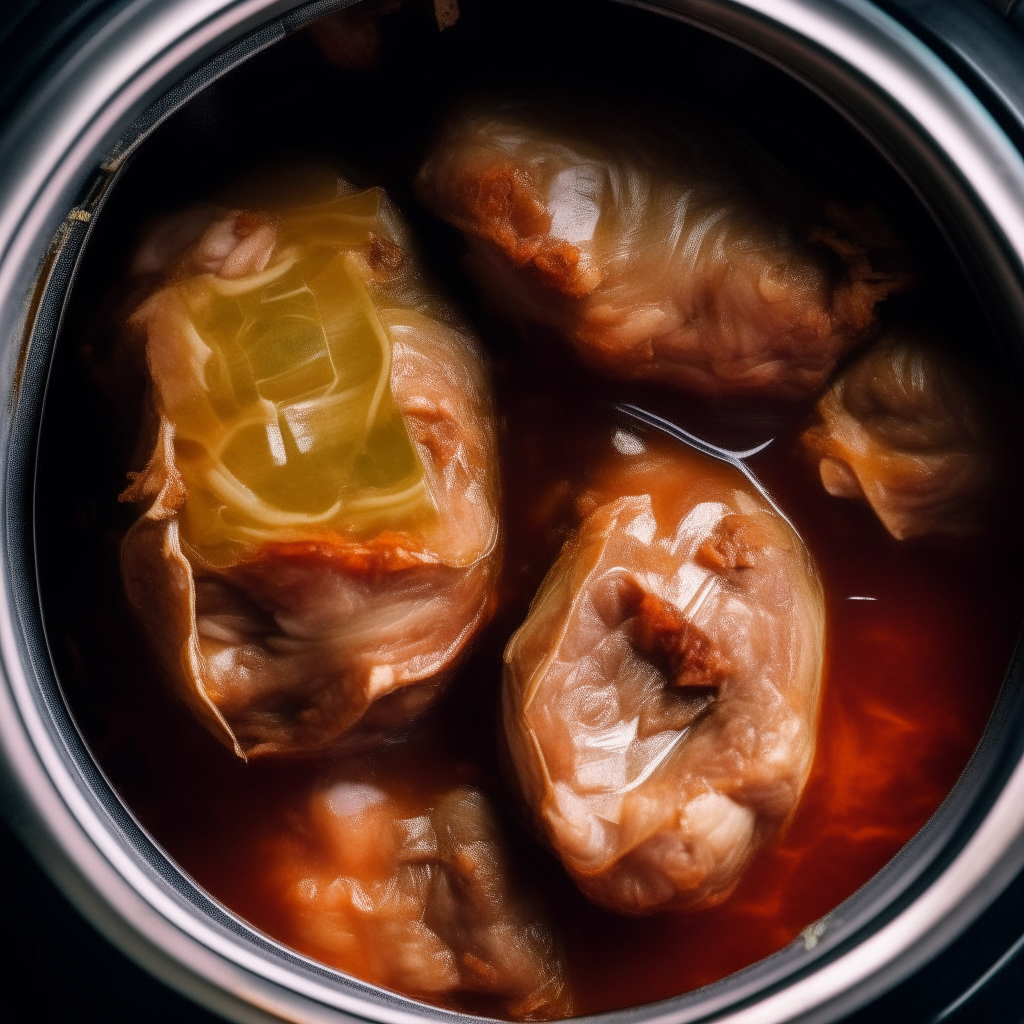 Photo of pork and cabbage roll-ups in a crock pot, extremely sharp focus, bright studio lighting from above, filling the frame