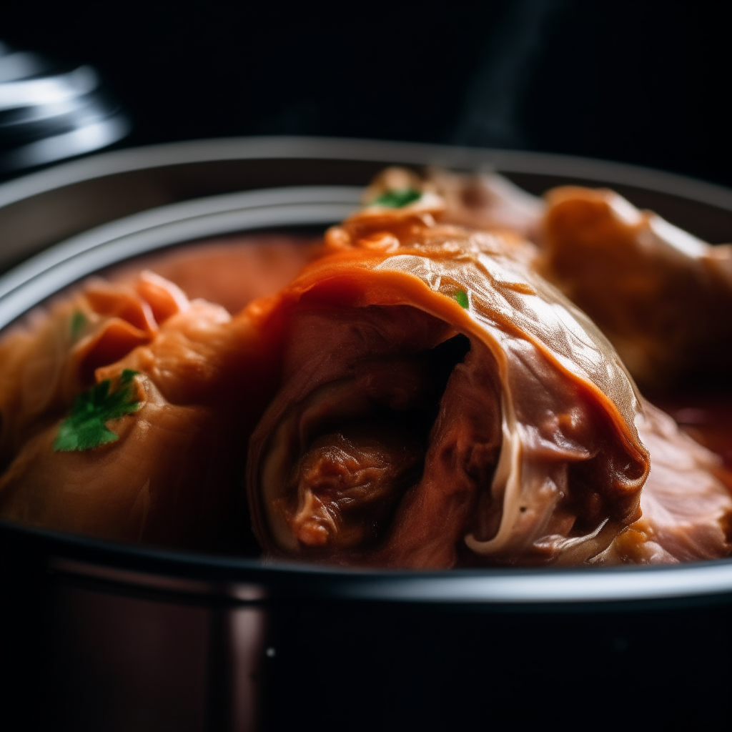 Photo of pork and cabbage roll-ups in a crock pot, extremely sharp focus, bright studio lighting from the right, filling the frame