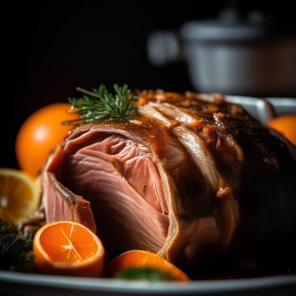 Photo of rosemary orange pork roast in a crock pot, extremely sharp focus, bright studio lighting from the left, filling the frame