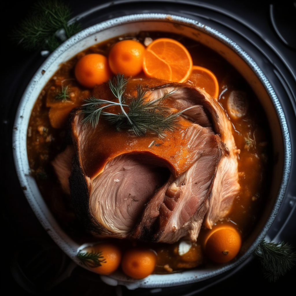 Photo of rosemary orange pork roast in a crock pot, extremely sharp focus, bright studio lighting from above, filling the frame