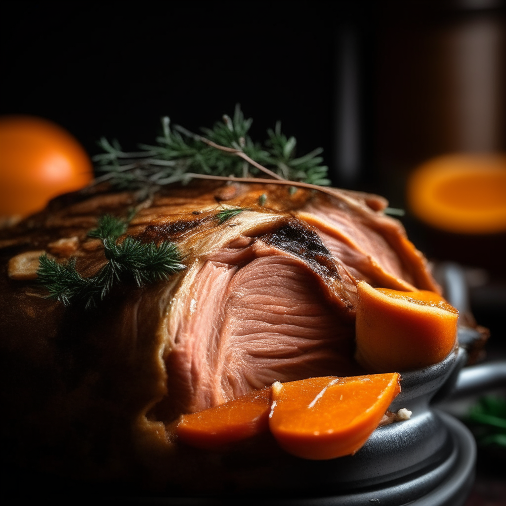 Photo of rosemary orange pork roast in a crock pot, extremely sharp focus, bright studio lighting from the right, filling the frame