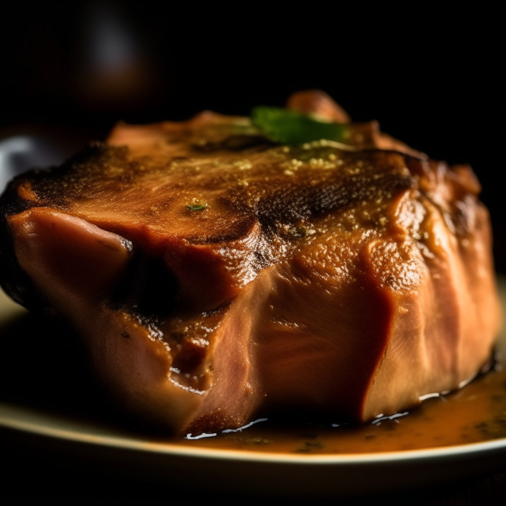 Photo of maple-Dijon pork chops in a crock pot, extremely sharp focus, bright studio lighting from the left, filling the frame