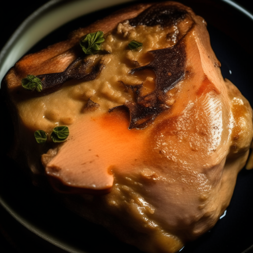 Photo of maple-Dijon pork chops in a crock pot, extremely sharp focus, bright studio lighting from above, filling the frame