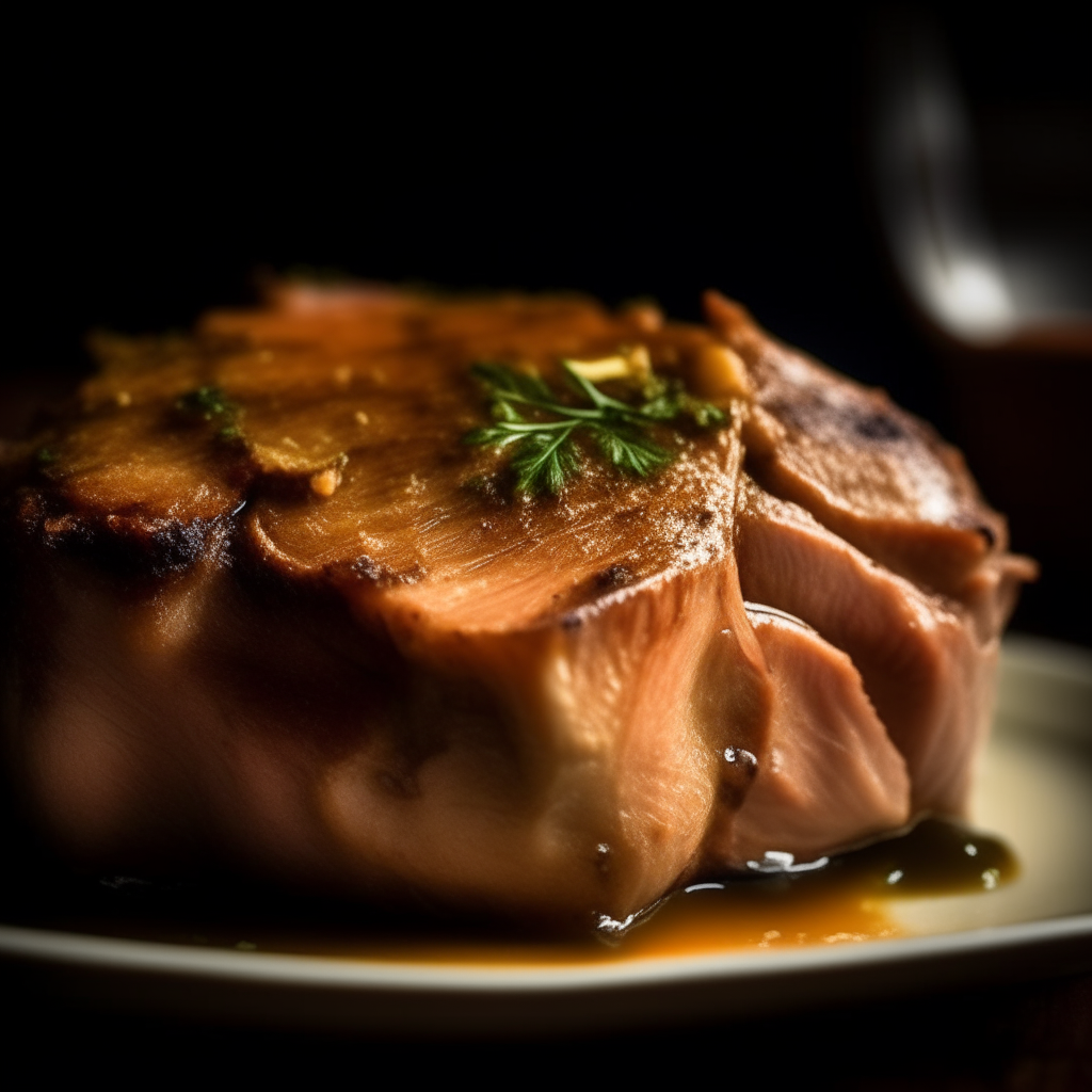 Photo of maple-Dijon pork chops in a crock pot, extremely sharp focus, bright studio lighting from the right, filling the frame