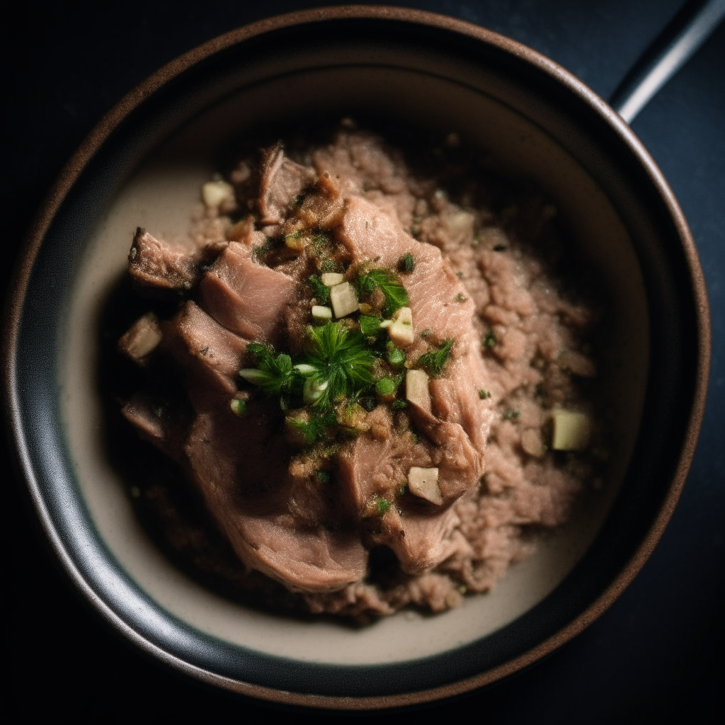 Photo of pork with herbed quinoa in a crock pot, extremely sharp focus, bright studio lighting from above, filling the frame