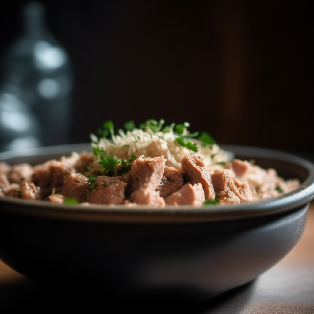 Photo of pork with herbed quinoa in a crock pot, extremely sharp focus, bright studio lighting from the right, filling the frame