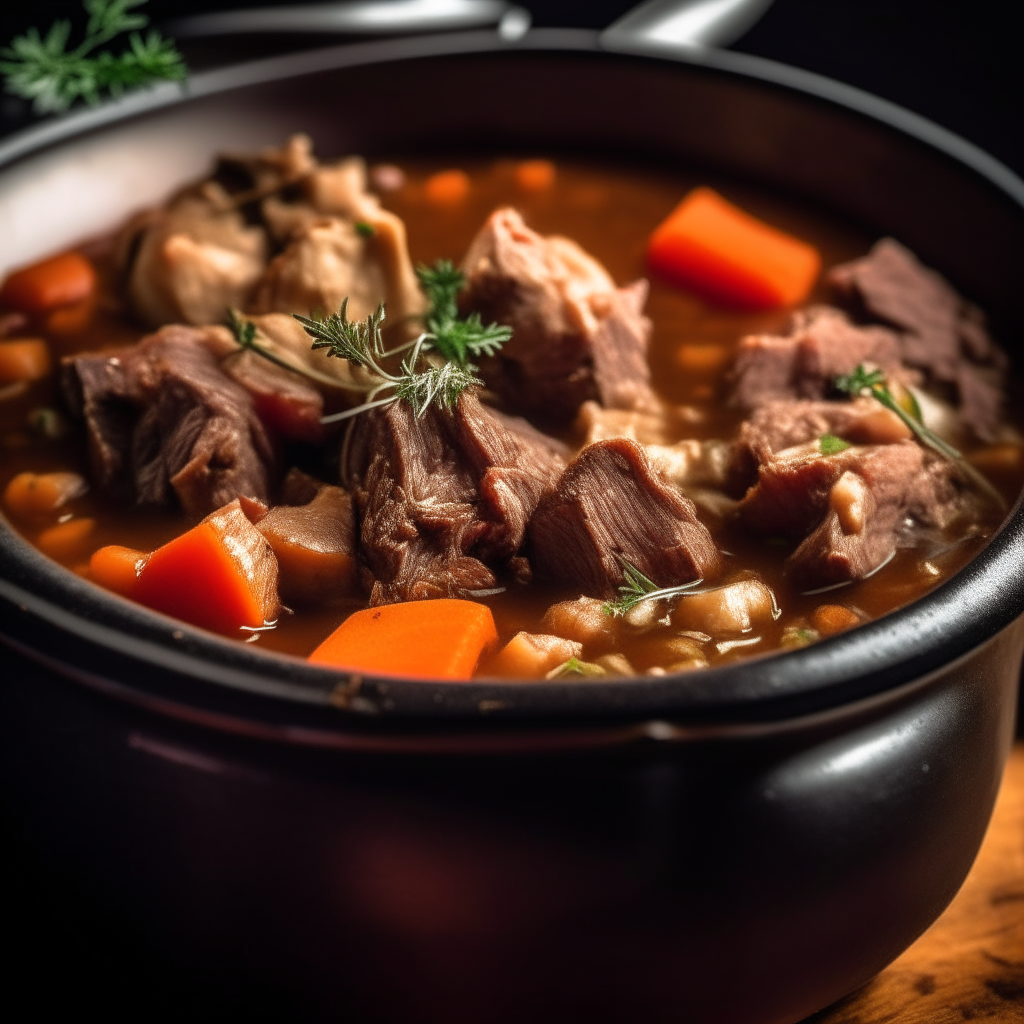 Photo of garlic-thyme beef stew in a crock pot, extremely sharp focus, bright studio lighting from the left, filling the frame