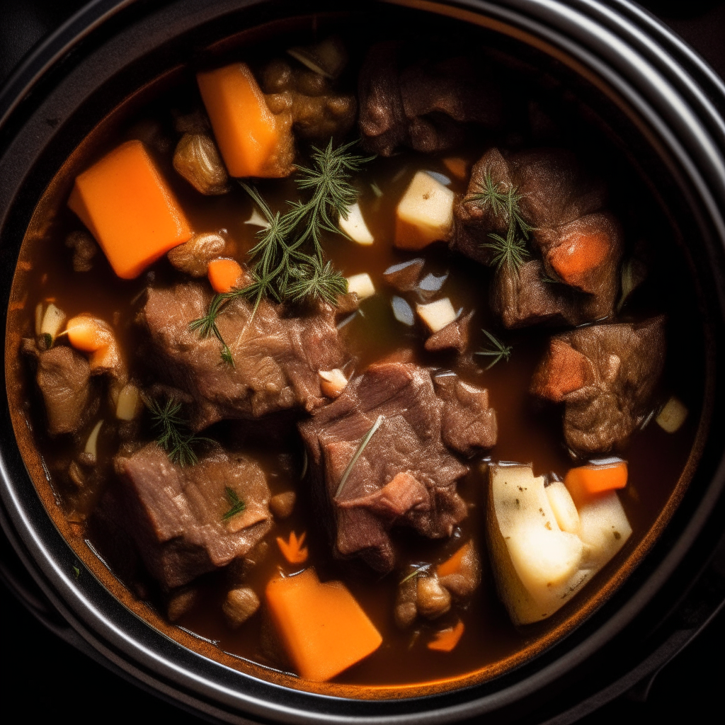 Photo of garlic-thyme beef stew in a crock pot, extremely sharp focus, bright studio lighting from above, filling the frame