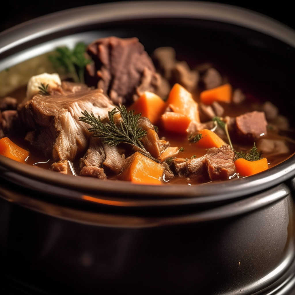 Photo of garlic-thyme beef stew in a crock pot, extremely sharp focus, bright studio lighting from the right, filling the frame