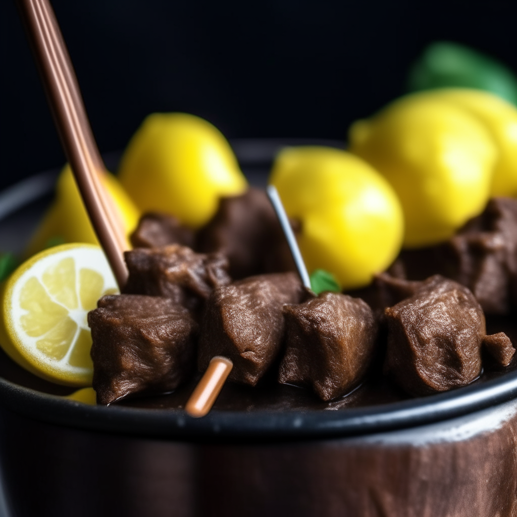 Photo of zesty lemon beef skewers in a crock pot, extremely sharp focus, bright studio lighting from the left, filling the frame