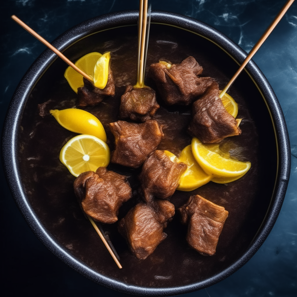 Photo of zesty lemon beef skewers in a crock pot, extremely sharp focus, bright studio lighting from above, filling the frame