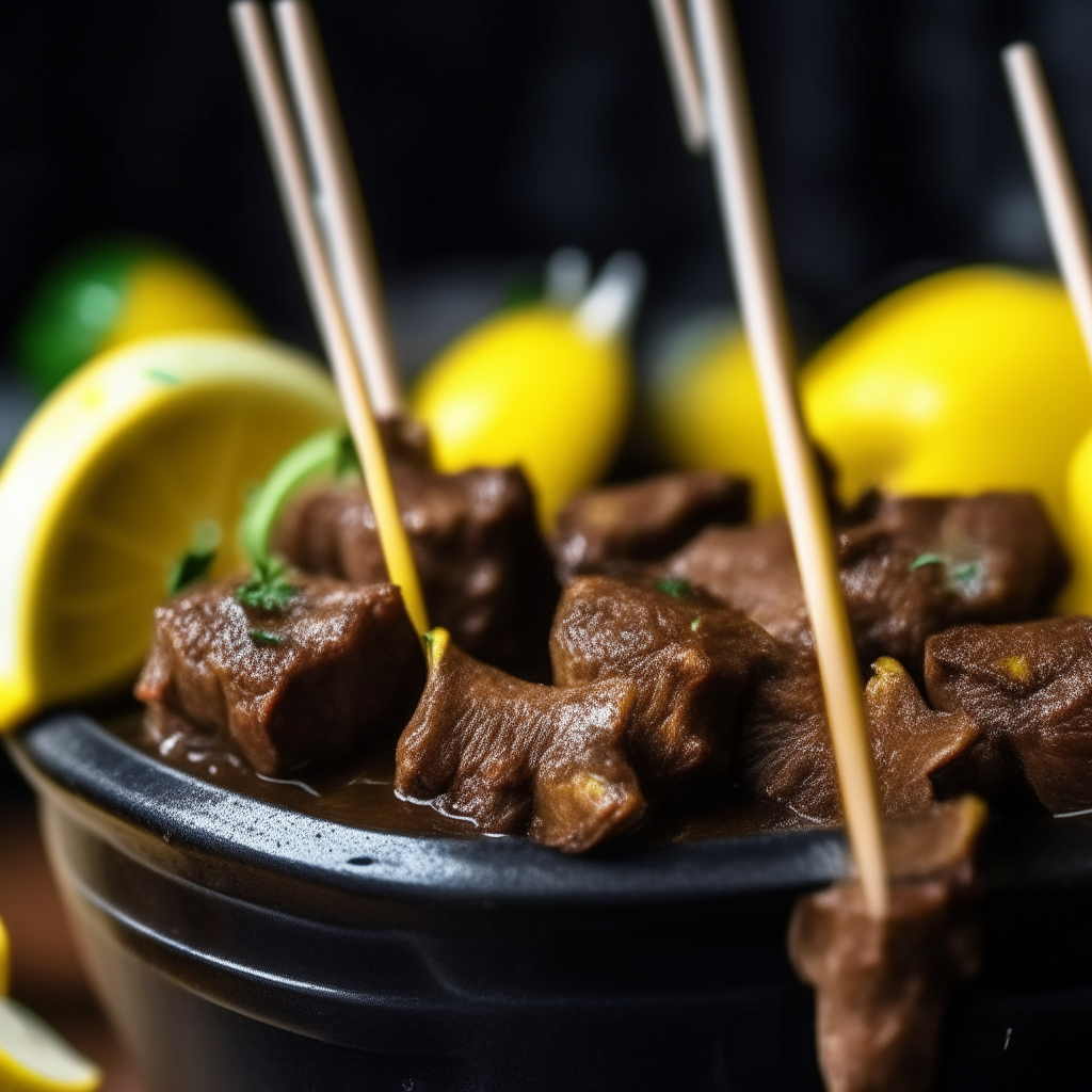 Photo of zesty lemon beef skewers in a crock pot, extremely sharp focus, bright studio lighting from the right, filling the frame