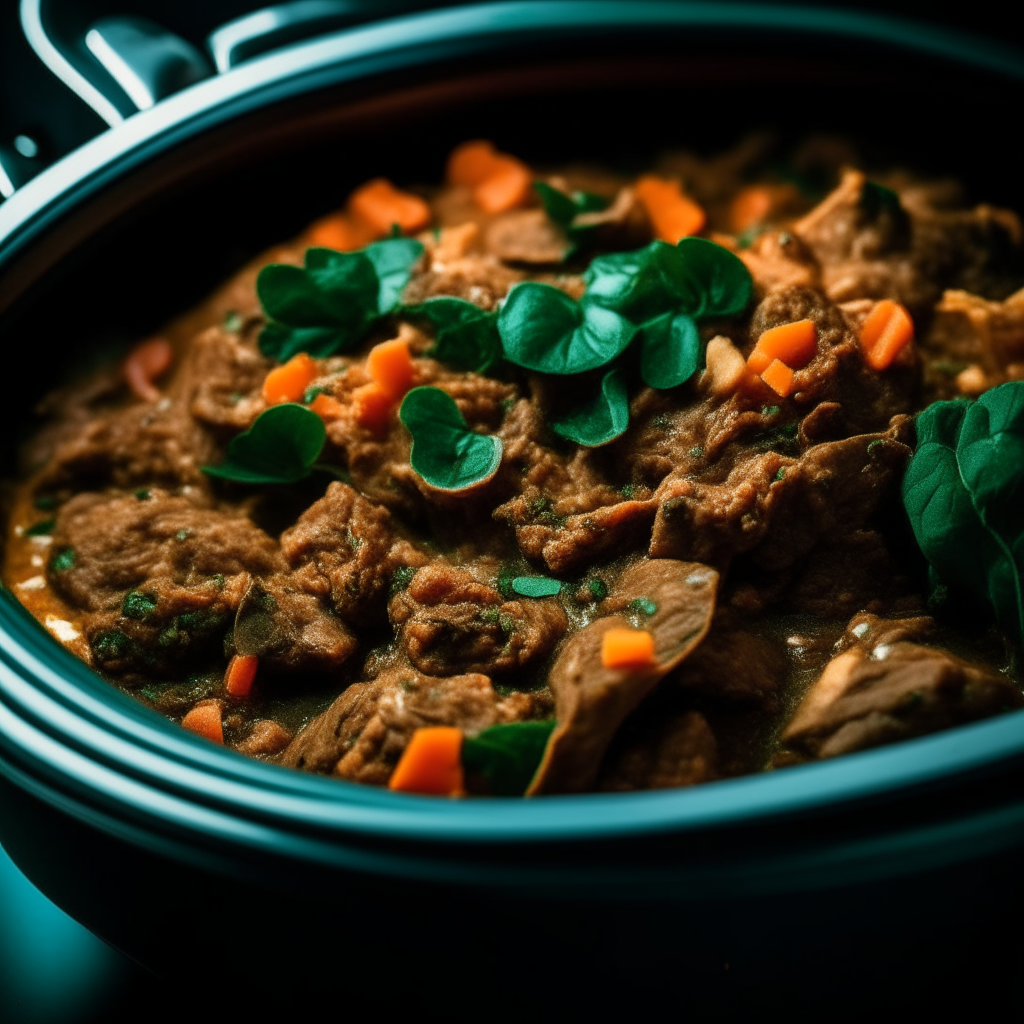 Photo of beef and spinach casserole in a crock pot, extremely sharp focus, bright studio lighting from the left, filling the frame