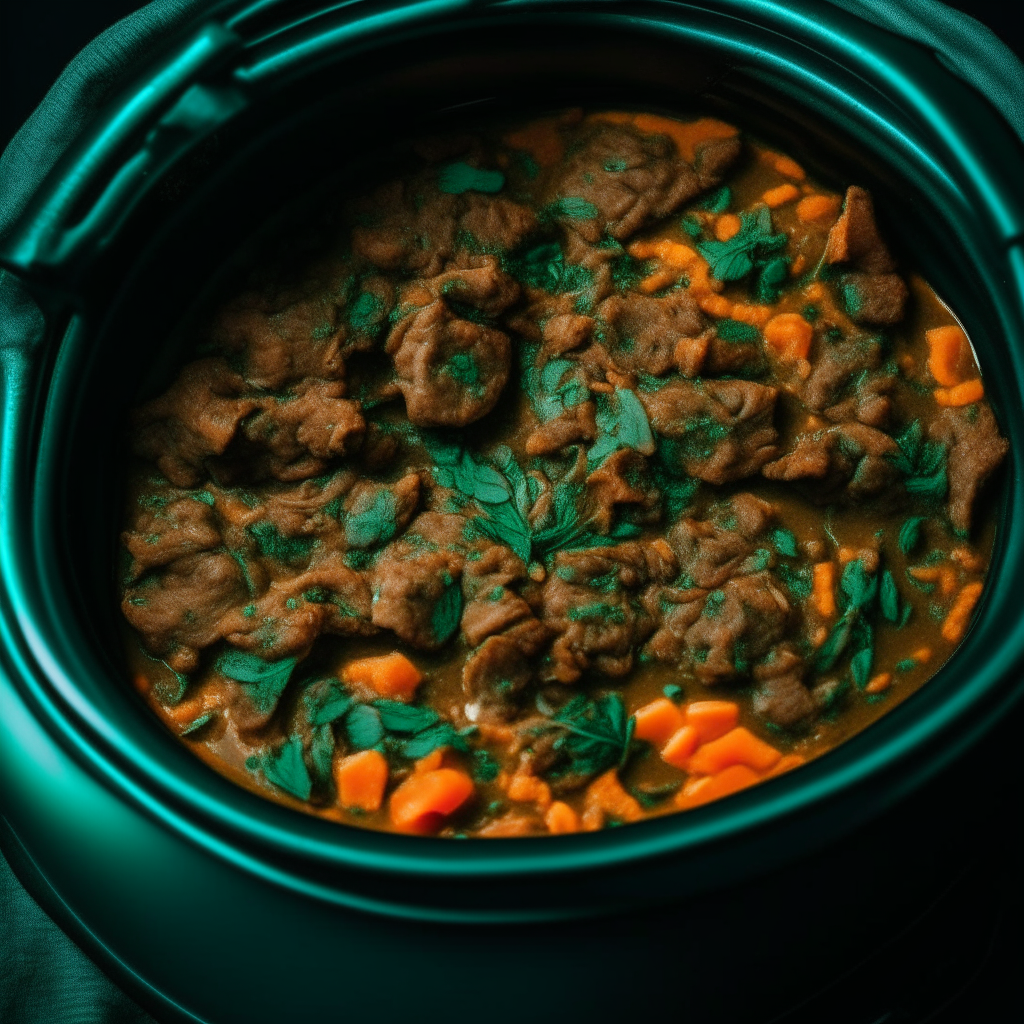 Photo of beef and spinach casserole in a crock pot, extremely sharp focus, bright studio lighting from above, filling the frame