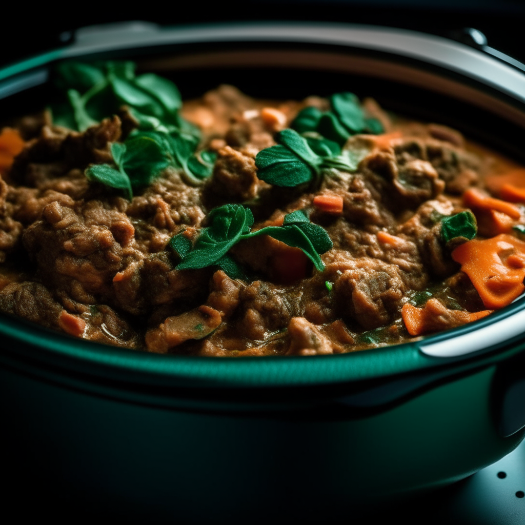 Photo of beef and spinach casserole in a crock pot, extremely sharp focus, bright studio lighting from the right, filling the frame