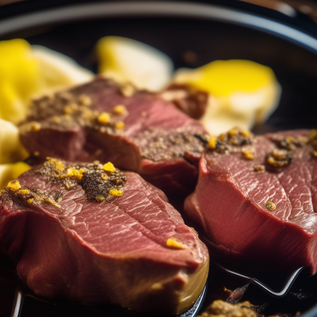 Photo of lemon-pepper beef steaks in a crock pot, extremely sharp focus, bright studio lighting from the left, filling the frame