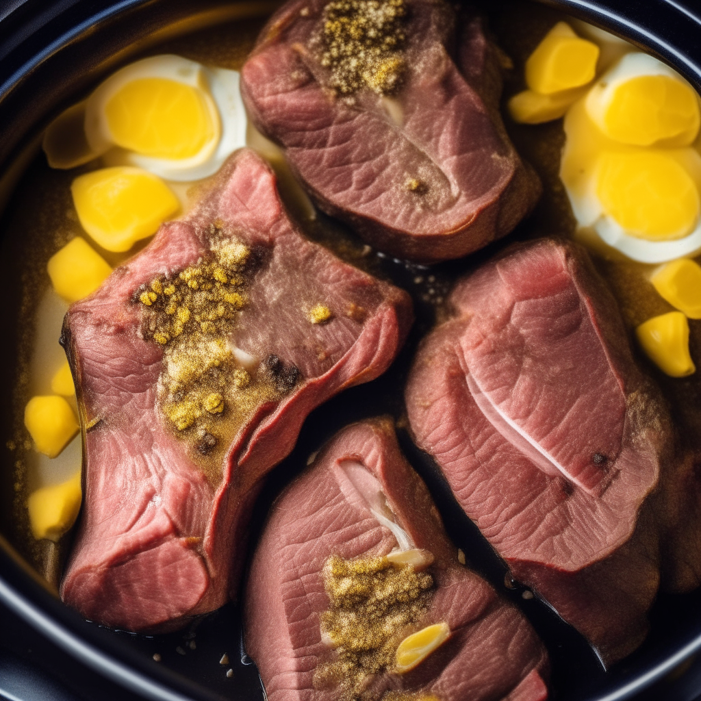 Photo of lemon-pepper beef steaks in a crock pot, extremely sharp focus, bright studio lighting from above, filling the frame