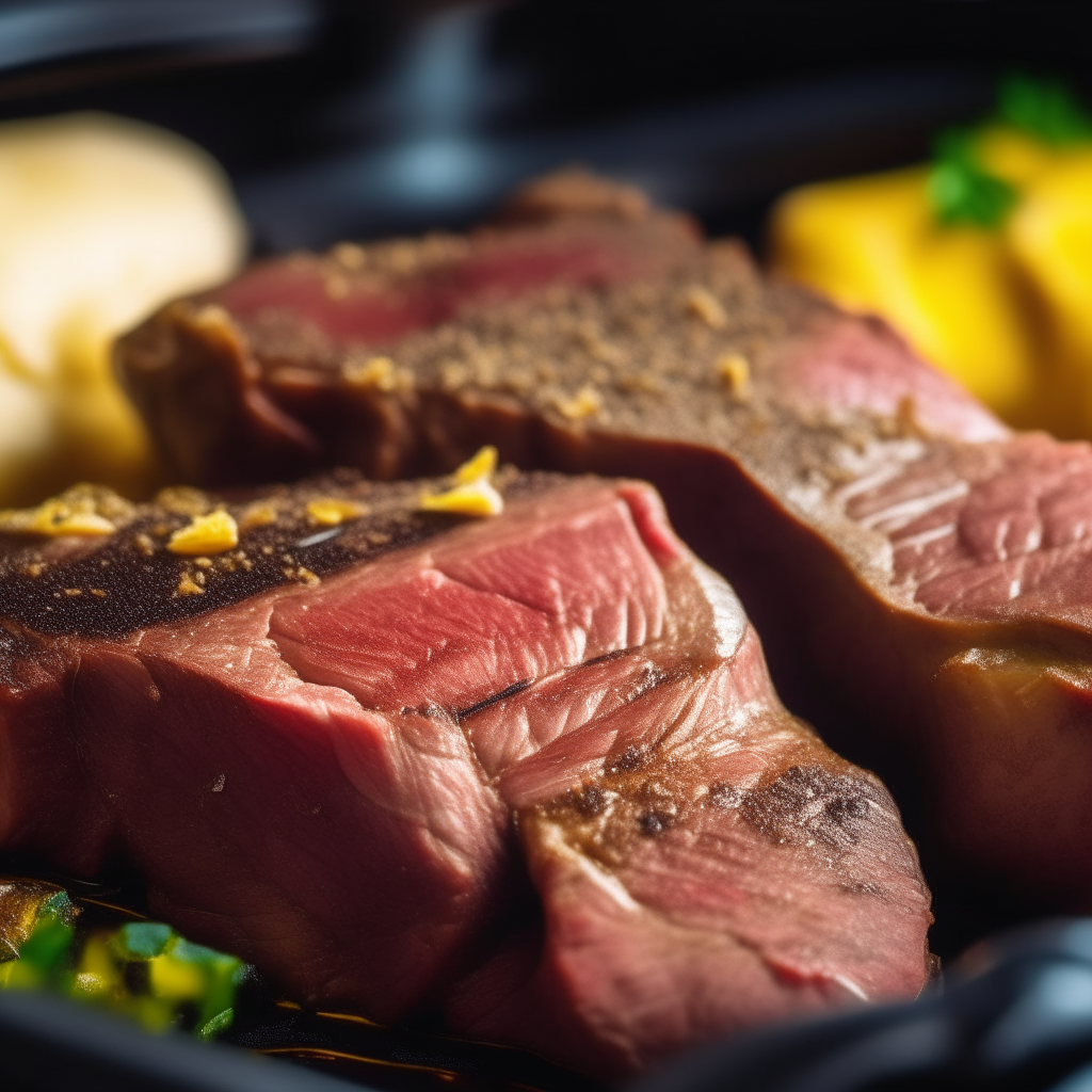 Photo of lemon-pepper beef steaks in a crock pot, extremely sharp focus, bright studio lighting from the right, filling the frame