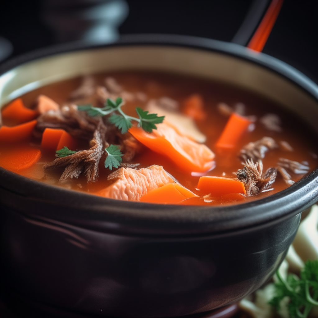 Photo of beef, cabbage and carrot soup in a crock pot, extremely sharp focus, bright studio lighting from the left, filling the frame