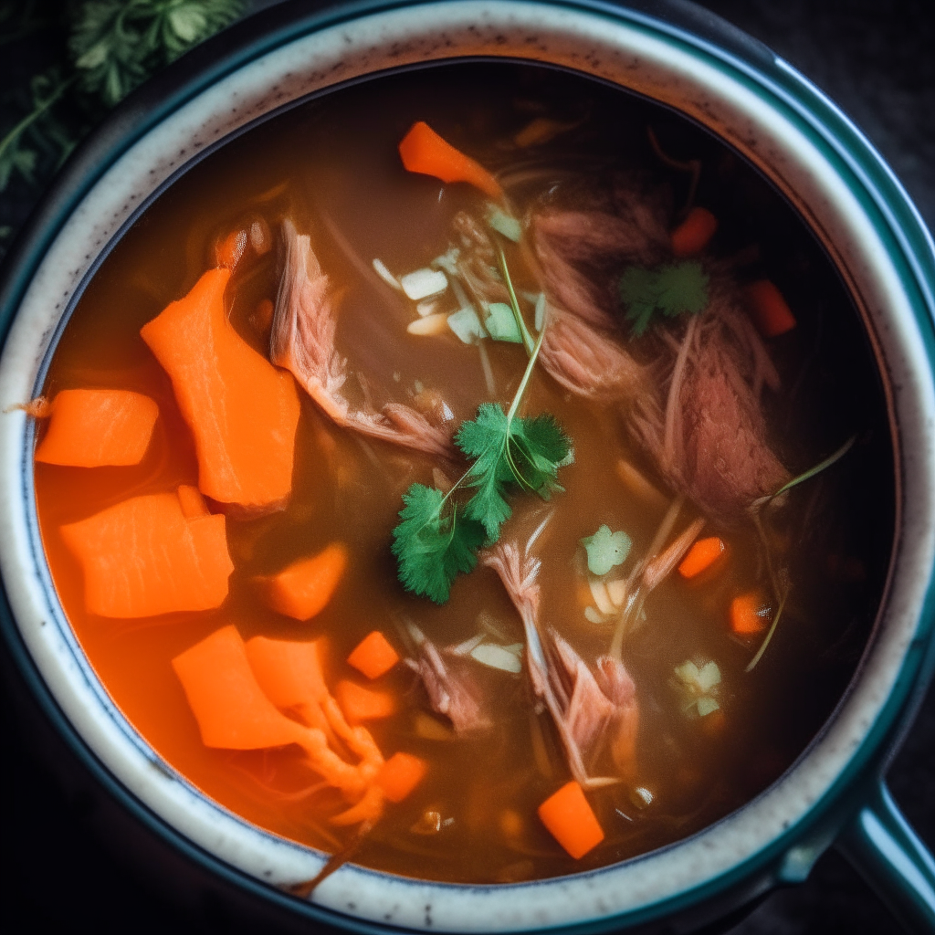 Photo of beef, cabbage and carrot soup in a crock pot, extremely sharp focus, bright studio lighting from above, filling the frame