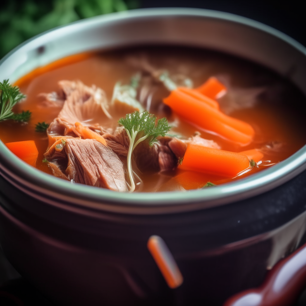 Photo of beef, cabbage and carrot soup in a crock pot, extremely sharp focus, bright studio lighting from the right, filling the frame