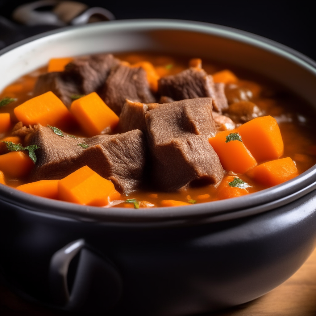 Photo of beef and butternut squash stew in a crock pot, extremely sharp focus, bright studio lighting from the left, filling the frame