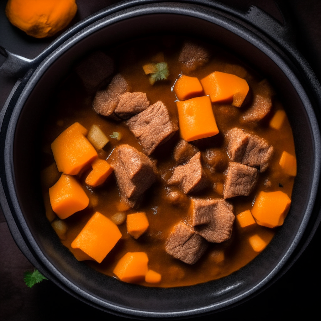 Photo of beef and butternut squash stew in a crock pot, extremely sharp focus, bright studio lighting from above, filling the frame