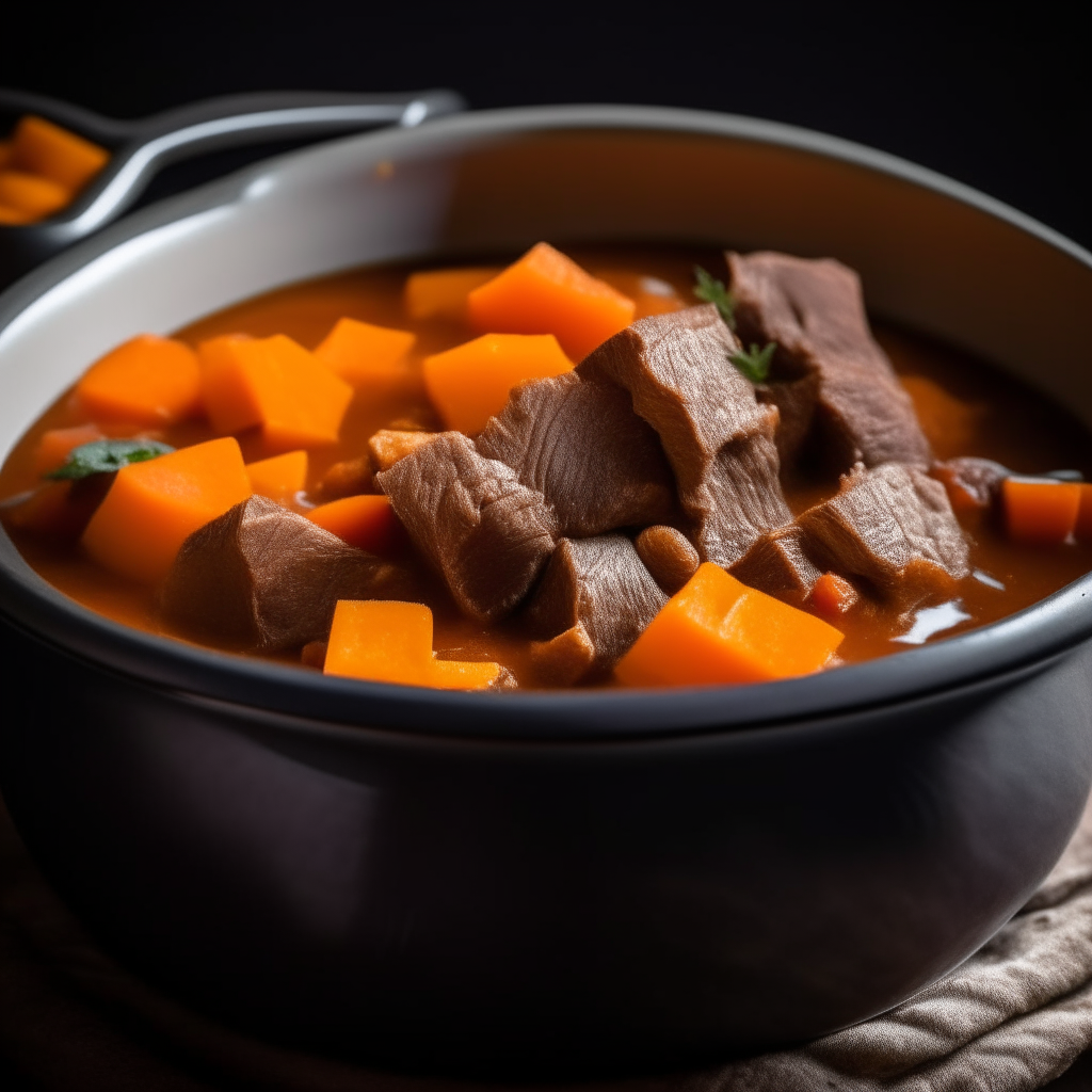 Photo of beef and butternut squash stew in a crock pot, extremely sharp focus, bright studio lighting from the right, filling the frame