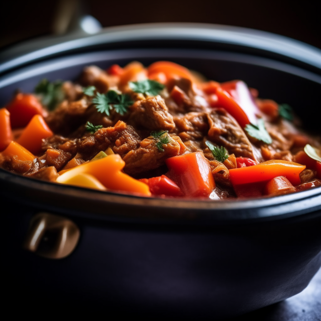 Photo of beef and vegetable ratatouille in a crock pot, extremely sharp focus, bright studio lighting from the left, filling the frame