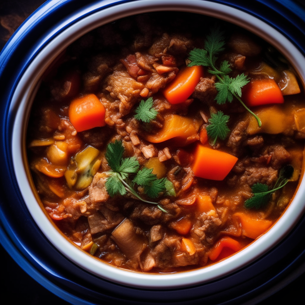 Photo of beef and vegetable ratatouille in a crock pot, extremely sharp focus, bright studio lighting from above, filling the frame