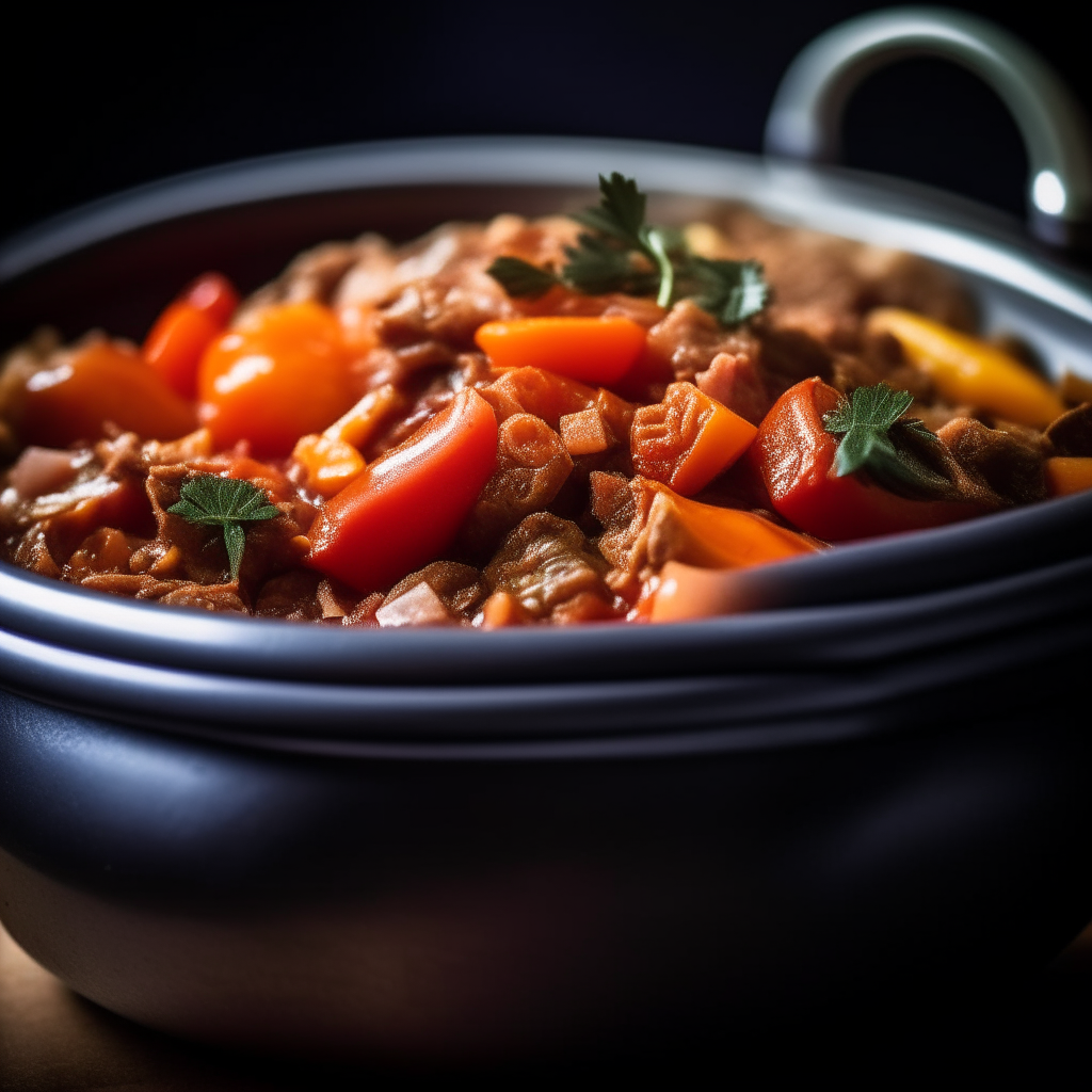 Photo of beef and vegetable ratatouille in a crock pot, extremely sharp focus, bright studio lighting from the right, filling the frame