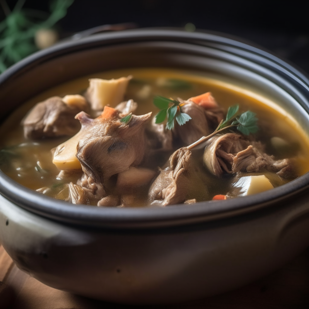 Photo of Tuscan lamb and artichoke stew in a crock pot, extremely sharp focus, bright studio lighting from the left, filling the frame