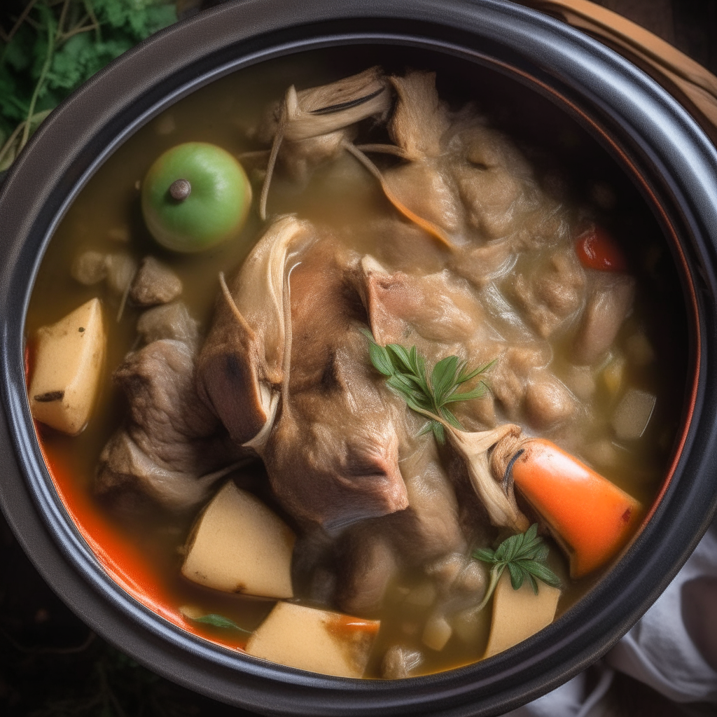 Photo of Tuscan lamb and artichoke stew in a crock pot, extremely sharp focus, bright studio lighting from above, filling the frame