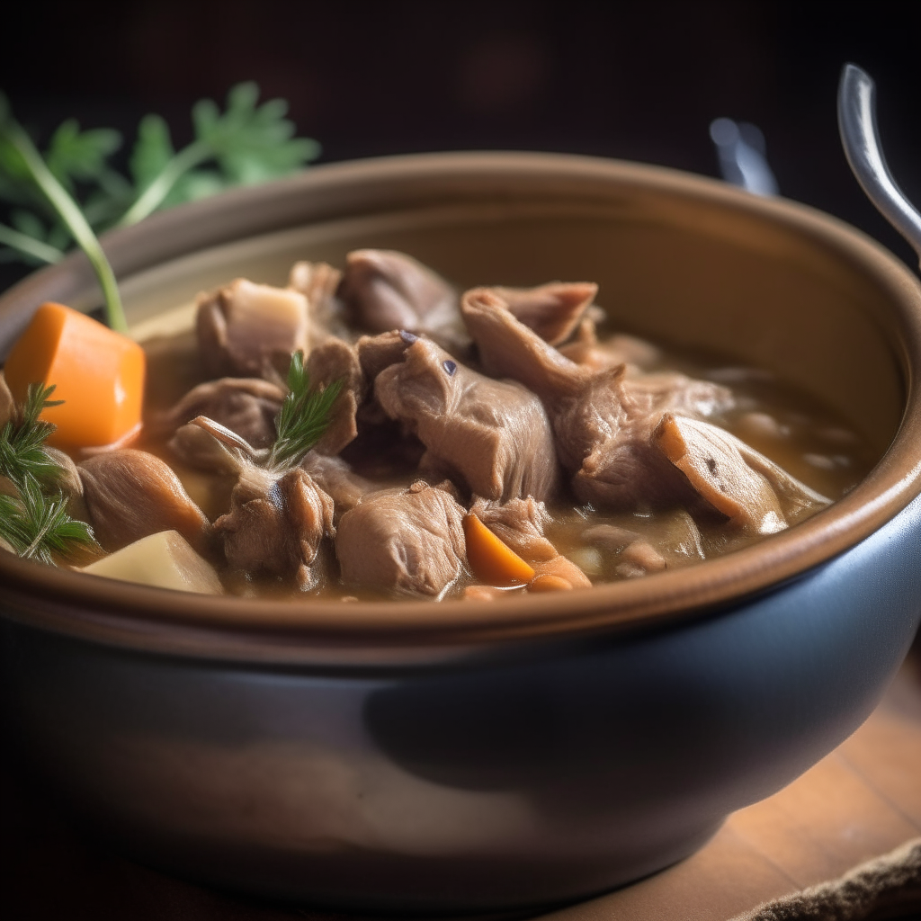 Photo of Tuscan lamb and artichoke stew in a crock pot, extremely sharp focus, bright studio lighting from the right, filling the frame