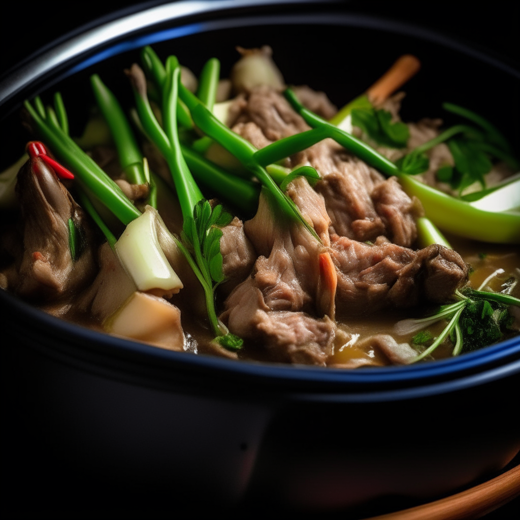 Photo of lamb and asparagus stir fry in a crock pot, extremely sharp focus, bright studio lighting from the left, filling the frame