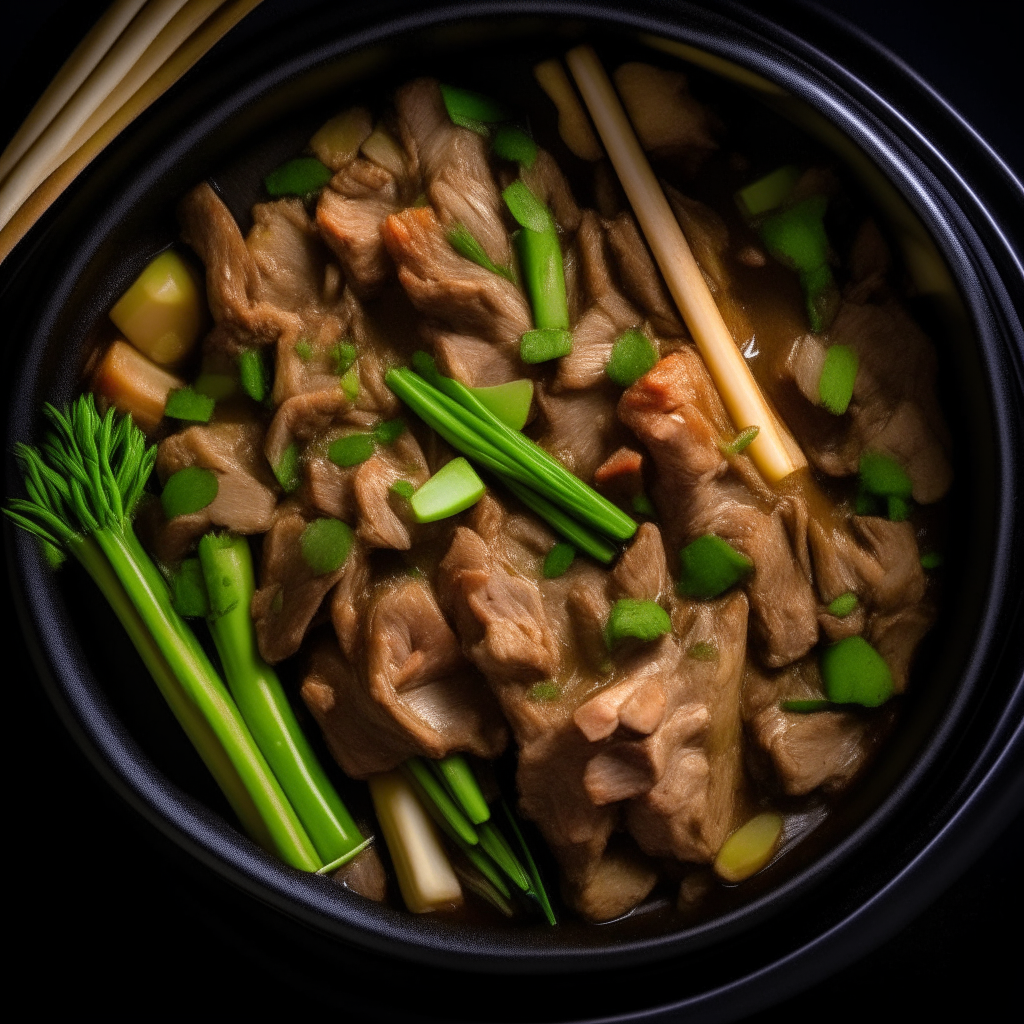 Photo of lamb and asparagus stir fry in a crock pot, extremely sharp focus, bright studio lighting from above, filling the frame