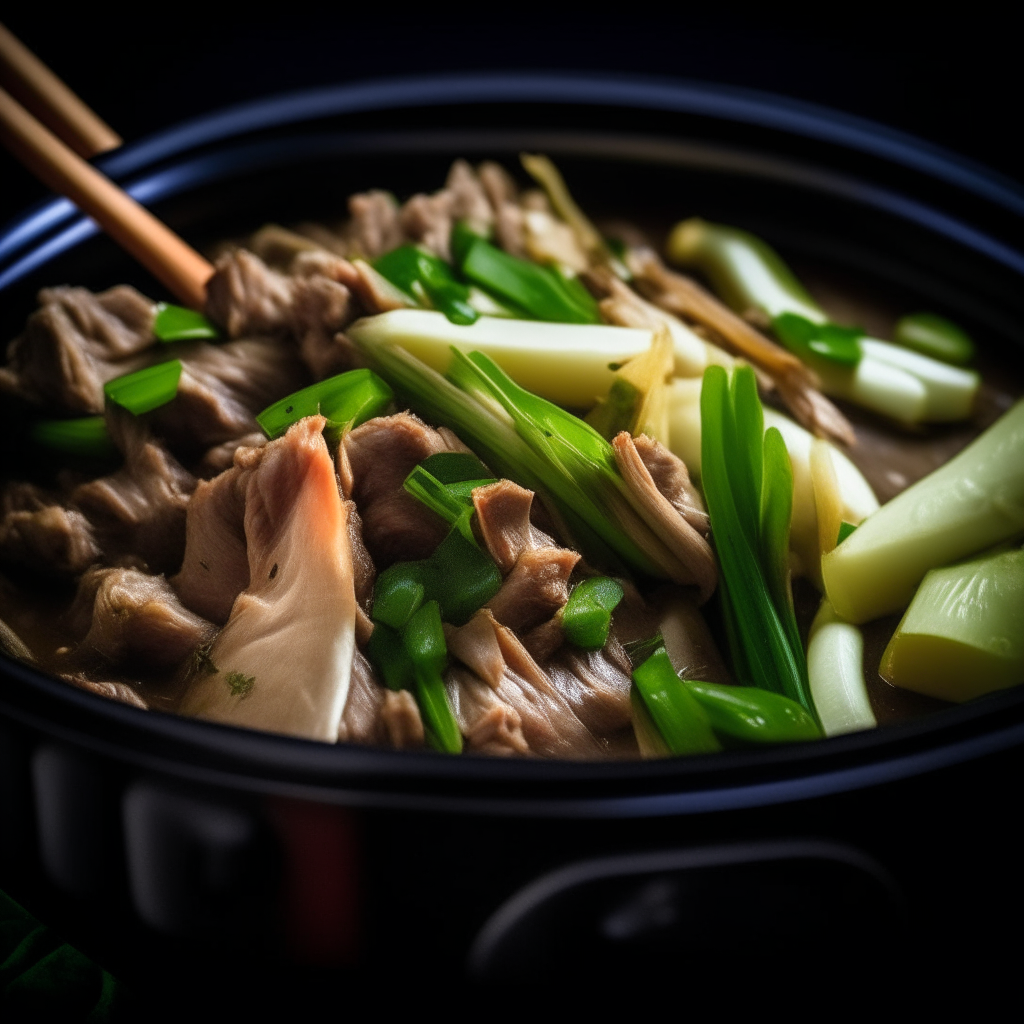 Photo of lamb and asparagus stir fry in a crock pot, extremely sharp focus, bright studio lighting from the right, filling the frame